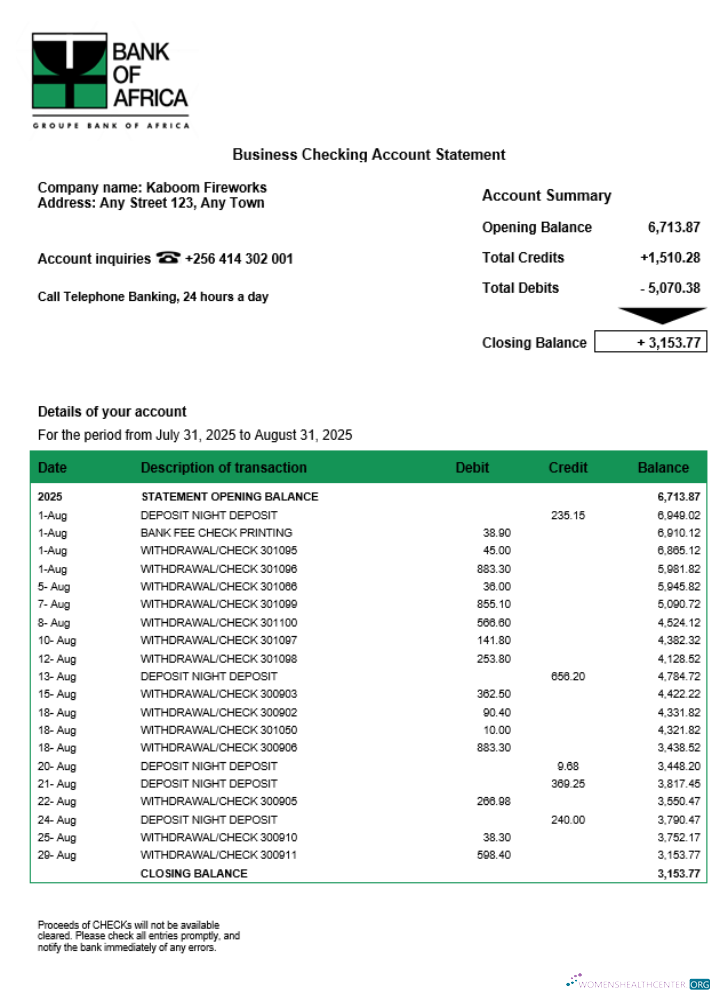 Download Uganda Bank of Africa firm account statement Word and PDF template Photoshop template